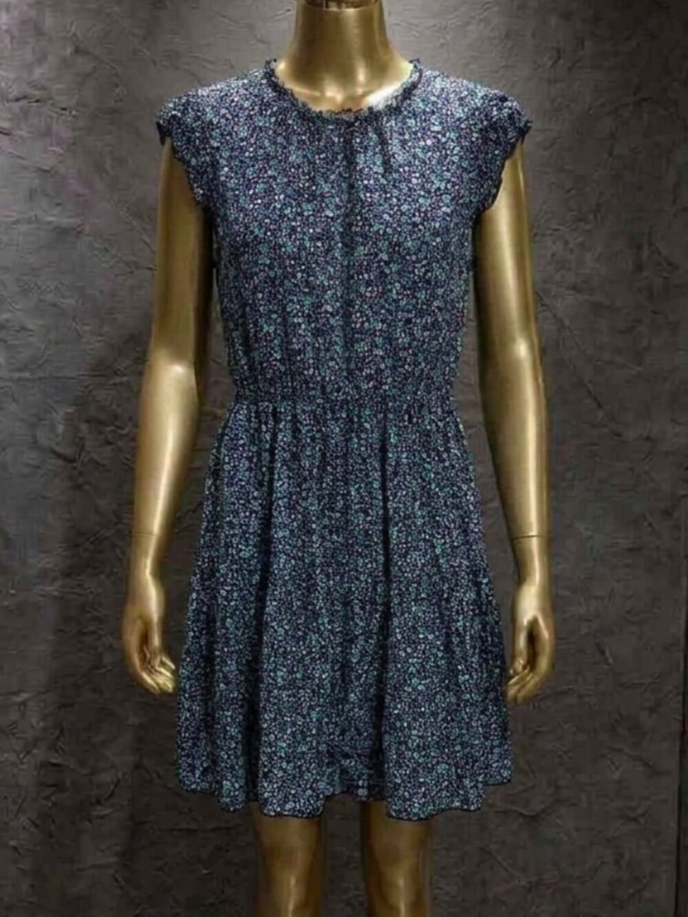Kirundo Blue Purple Floral Ruffle Neck Tiered Mini Midi Dress Small Like New